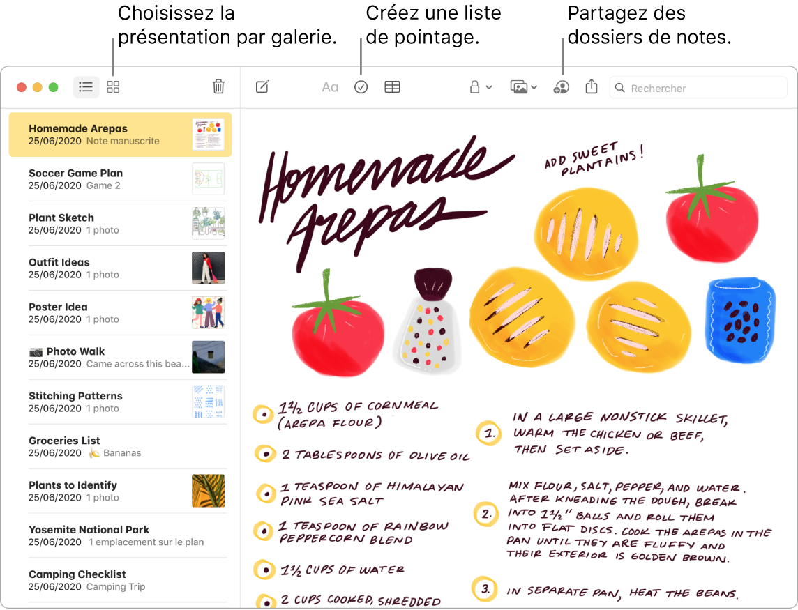 Une fenêtre de Notes dans la présentation par galerie, avec des légendes vers les boutons « Présentation par galerie », « Liste de pointage » et « Partager le dossier ».