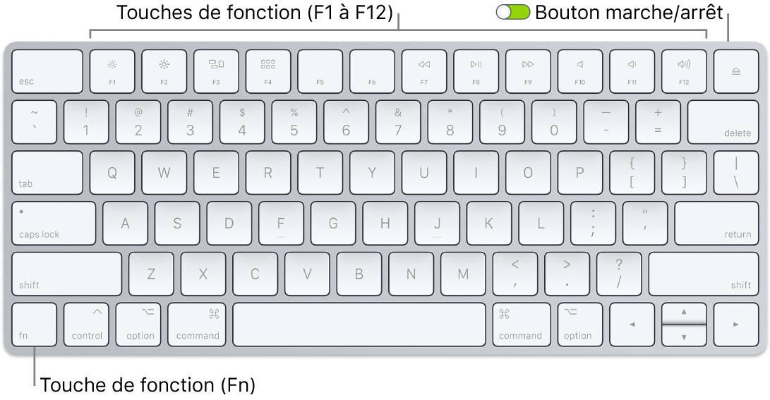 Magic Keyboard présentant la touche de fonction (Fn) dans le coin inférieur gauche et le bouton marche/arrêt dans le coin supérieur droit du clavier.