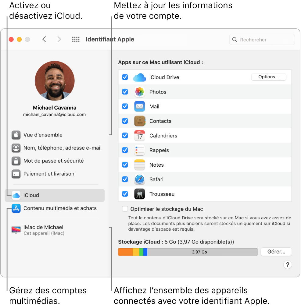 La sous-fenêtre « Identifiant Apple » de « Préférences Système ». Cliquez sur un élément de la barre latérale pour mettre à jour les données de votre compte, activer ou désactiver iCloud, gérer les comptes multimédias et voir tous les appareils connectés avec votre identifiant Apple.