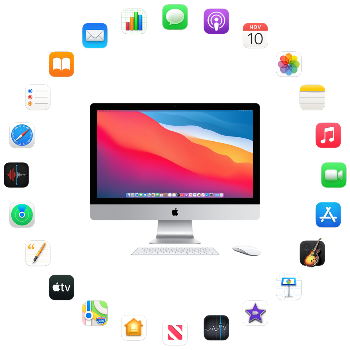 Un iMac autour duquel sont représentées les icônes des apps fournies avec votre ordinateur et décrites dans les sections suivantes.