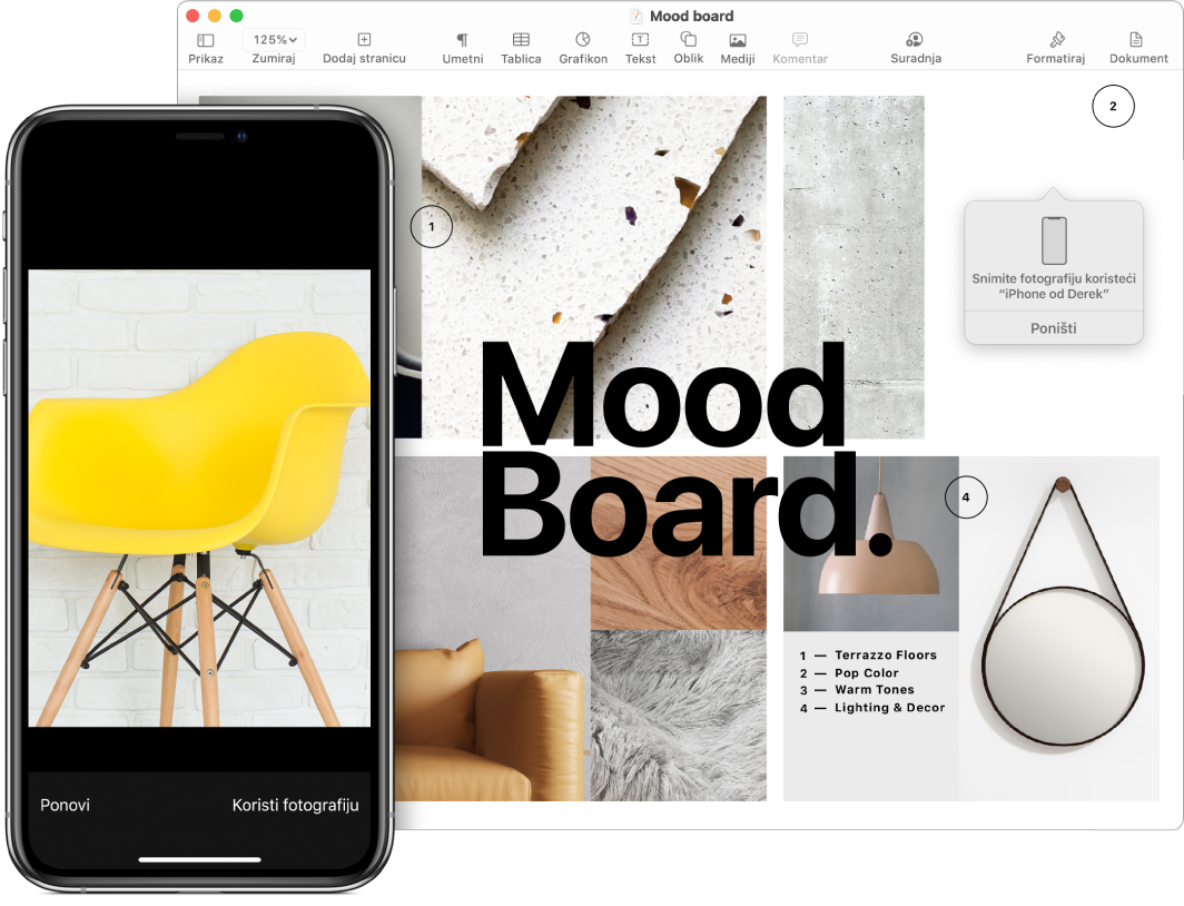 iPhone s prikazom fotografije i zaslon Mac računala s dokumentom aplikacije Pages s kućicom i upitom gdje će ići slika.
