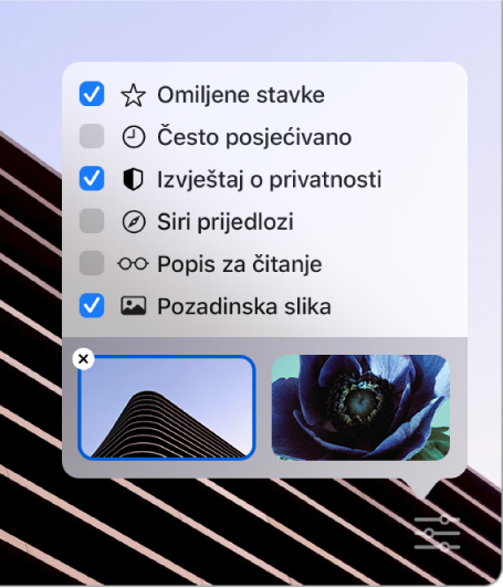 Skočni izbornik Prilagodba Safarija s potvrdnim kućicama za opcije Omiljene stavke, Često posjećeno, Izvješće o privatnosti, Siri prijedlozi, Popis za čitanje i Pozadinska slika.