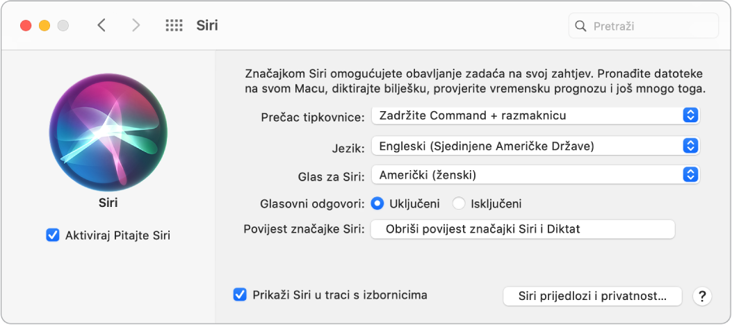 Prozor s postavkama za Siri s odabranom opcijom Aktiviraj Pitajte Siri slijeva i nekoliko opcija za podešavanje Siri zdesna.