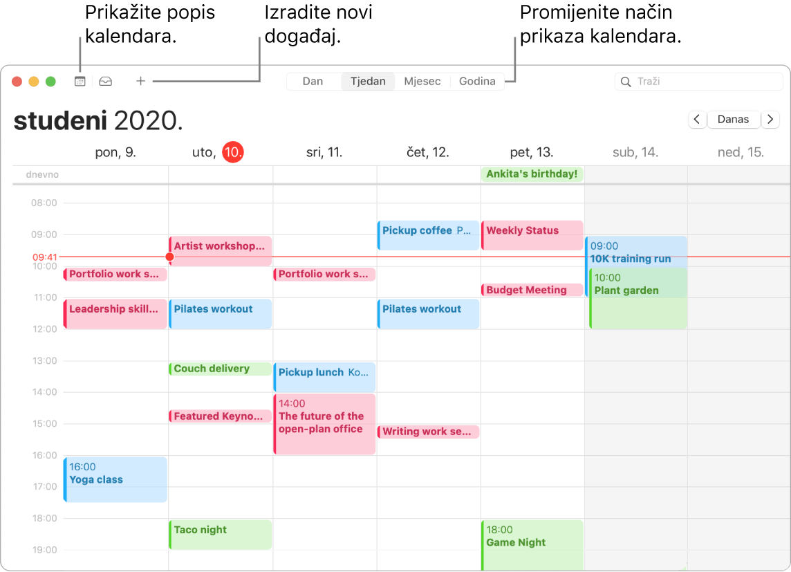 Prozor Kalendara koji prikazuje kako izraditi događaj, prikazati popis kalendara i odabrati prikaz Dan, Tjedan, Mjesec ili Godina.