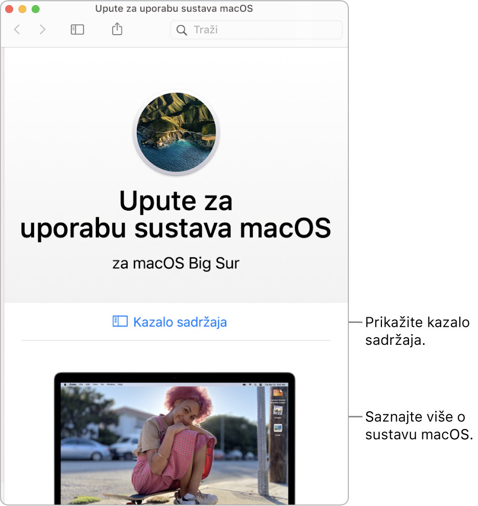 Stranica dobrodošlice za Upute za uporabu za macOS koja prikazuje link za Sadržaj.