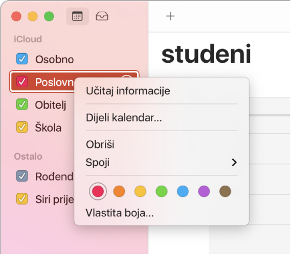 Izbornik s prečacima kalendara s opcijama za prilagodbu boje kalendara.