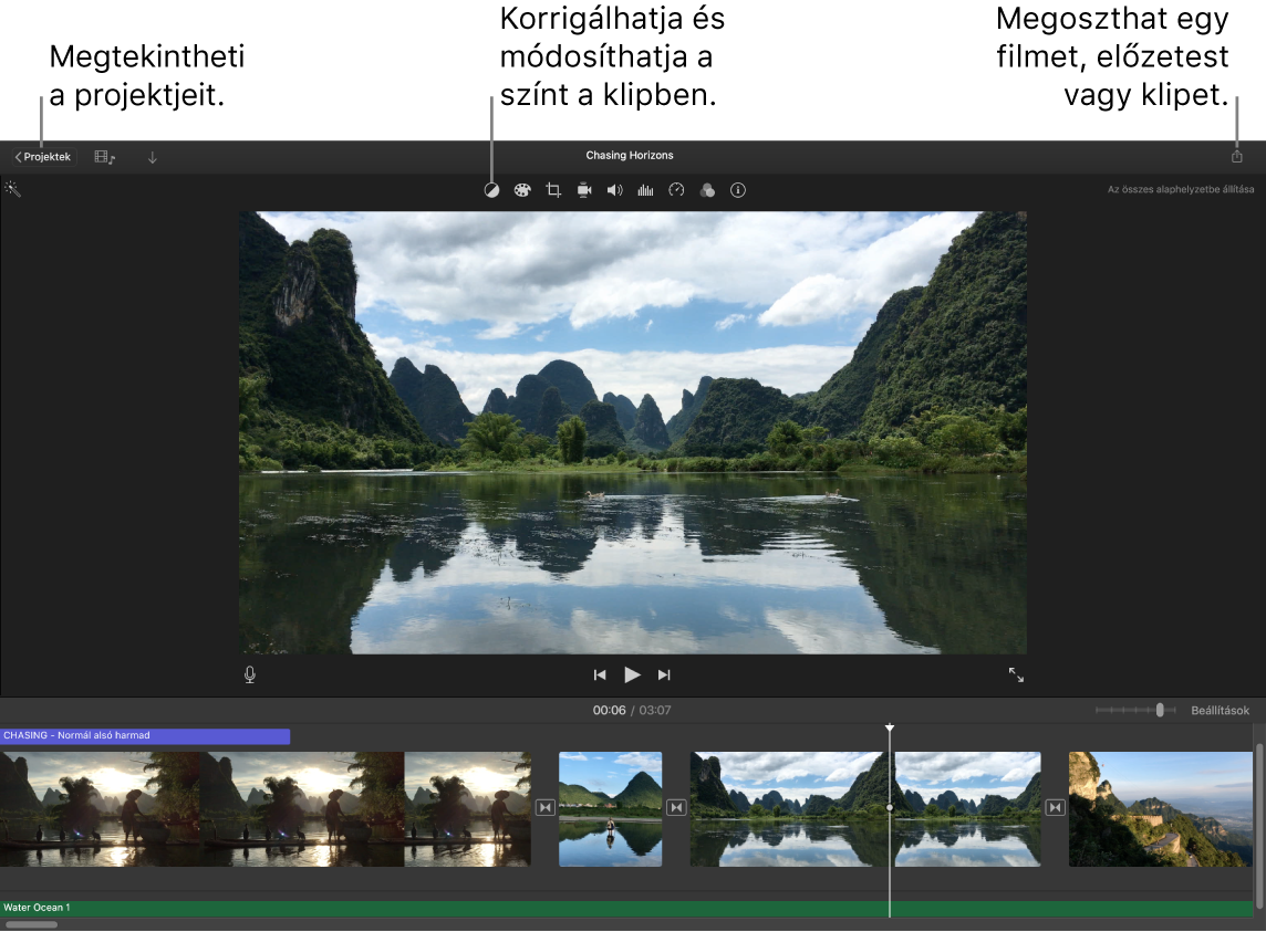 Gombok egy iMovie-ablakban, amelyekkel megtekintheti a projektjeit, korrigálhatja és beállíthatja a színeket, illetve megoszthatja a filmjét, előzetesét vagy filmklipjét.