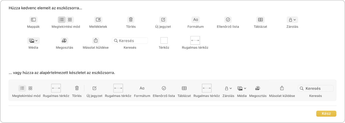 A Jegyzetek ablak a testreszabás eszközsor elérhető beállításaival.
