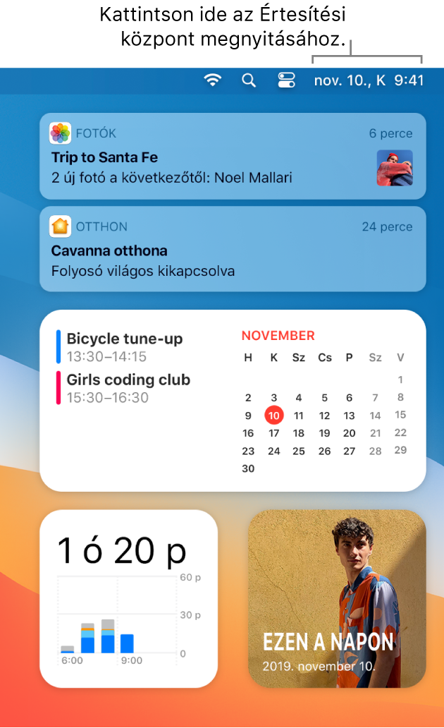 Az íróasztal képernyőjének egy része az Értesítési központtal, amelyen a Ma lap van kiválasztva.