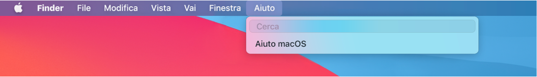 Una vista parziale della scrivania con il menu Aiuto aperto che mostra le opzioni di menu Cerca e Aiuto macOS.