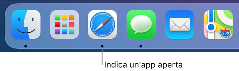 Una parte del Dock che mostra punti neri tra le app aperte.