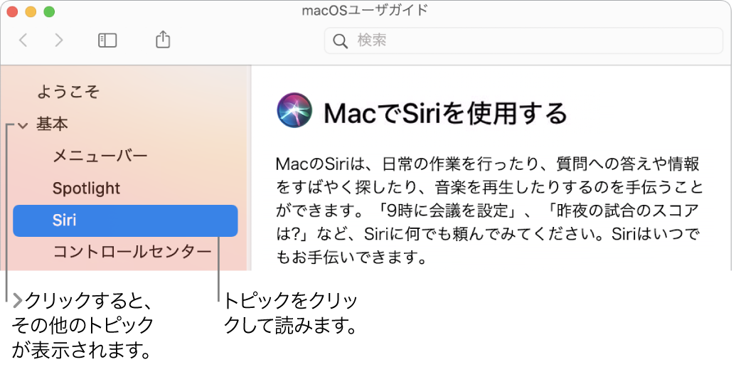 ヘルプビューア。サイドバーにリストされたトピックを表示する方法と、トピックの内容を表示する方法が示されています。
