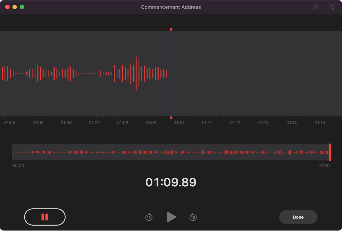 Жазбаның орындалып жатқанын көрсетіп тұрған Voice Memos қолданбасының терезесі.