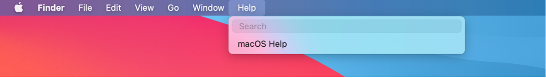 Darbalaukio dalis, atidarytas pagalbos meniu ir rodomos „Search“ bei „macOS Help“ parinktys.