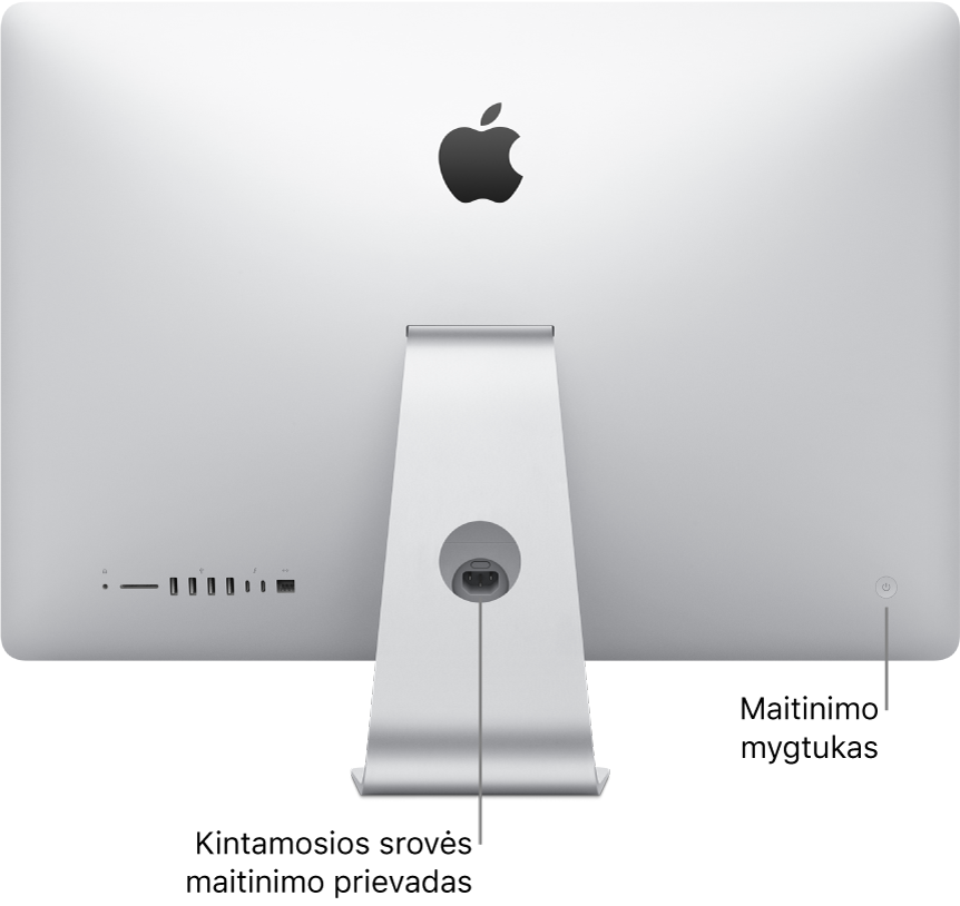 Galinė „iMac“ pusė, matosi kintamosios srovės maitinimo laidas ir maitinimo mygtukas.