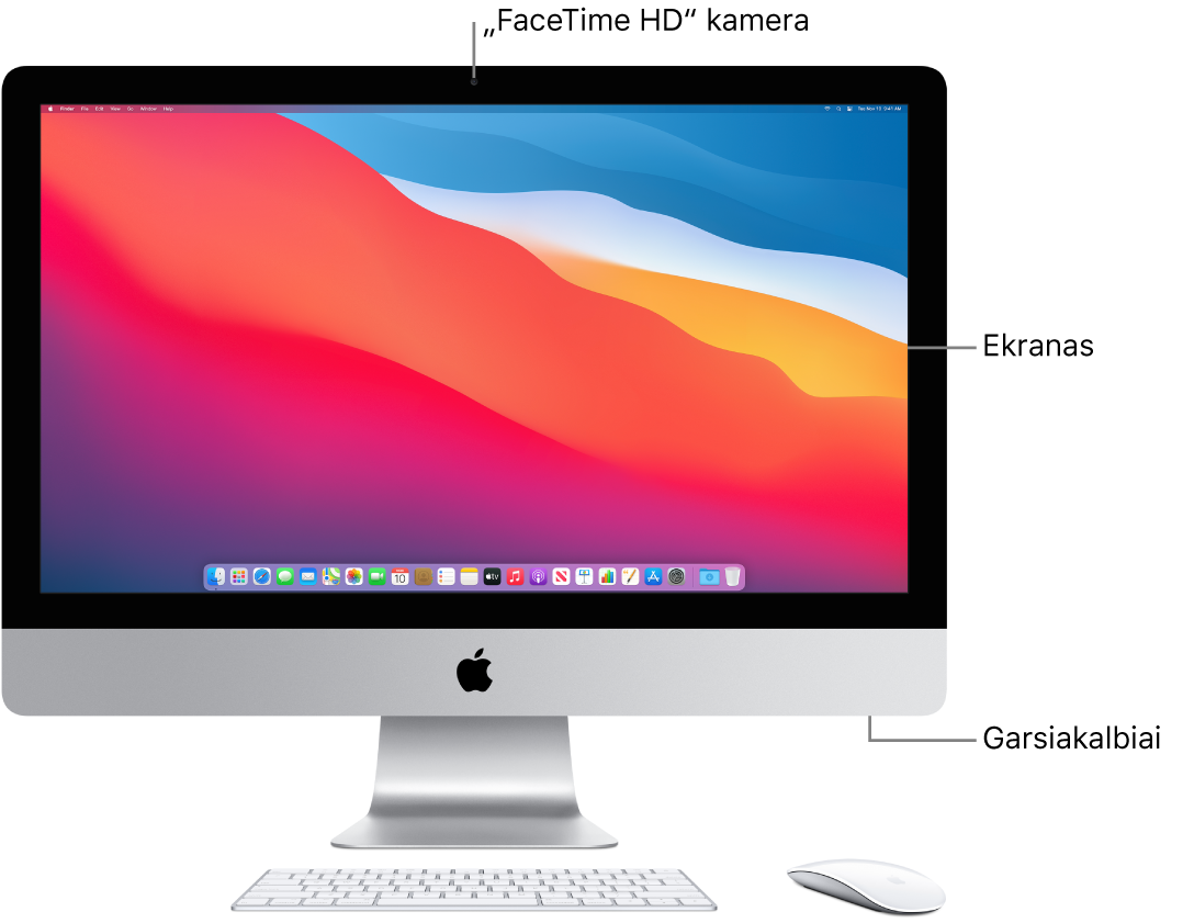 Priekinė „iMac“ pusė, matosi ekranas, vaizdo kamera ir garsiakalbiai.