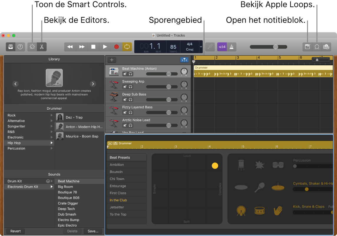 Een GarageBand-venster met daarin de knoppen voor toegang tot slimme besturingselementen, editors, notities en Apple Loops. Ook het gebied met tracks wordt weergegeven.