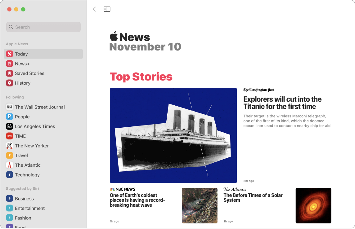 Et News-vindu som viser listen din og Top Stories-visningen.