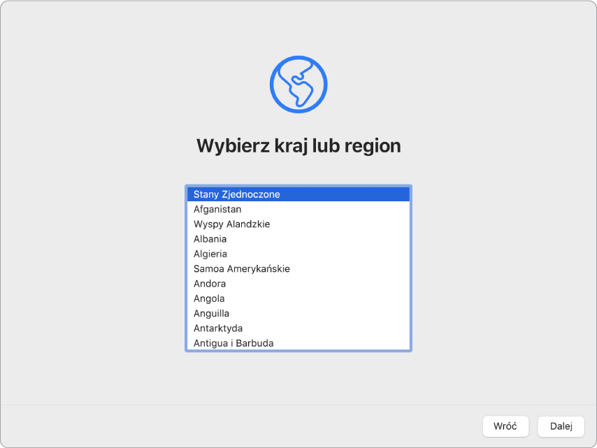 Mac wyświetlający Asystenta ustawień z ekranem powitalnym.