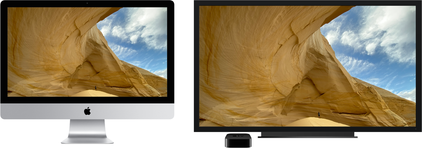 iMac z ekranem klonowanym na dużym telewizorze HD przy użyciu Apple TV.