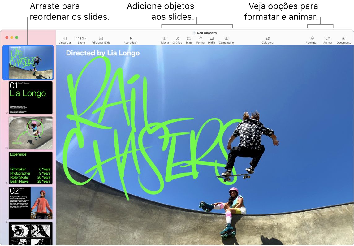 Uma janela do Keynote mostrando o navegador de slides à esquerda e como reordenar slides, a barra de ferramentas e as ferramentas de edição na parte superior, o botão Colaborar próximo à parte superior direita e os botões Formatar, Animar e Documento à direita.
