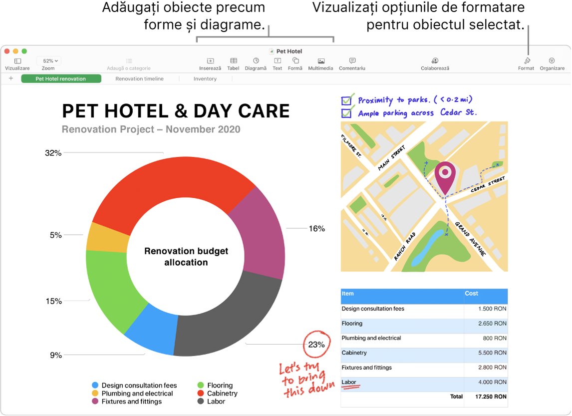 O fereastră Numbers cu bara de instrumente și instrumentele de editare ale acesteia în partea de sus, butonul Colaborează aproape de partea din dreapta sus și butoanele Format și Organizare în dreapta. Bara laterală Format este deschisă la fila Diagrame.