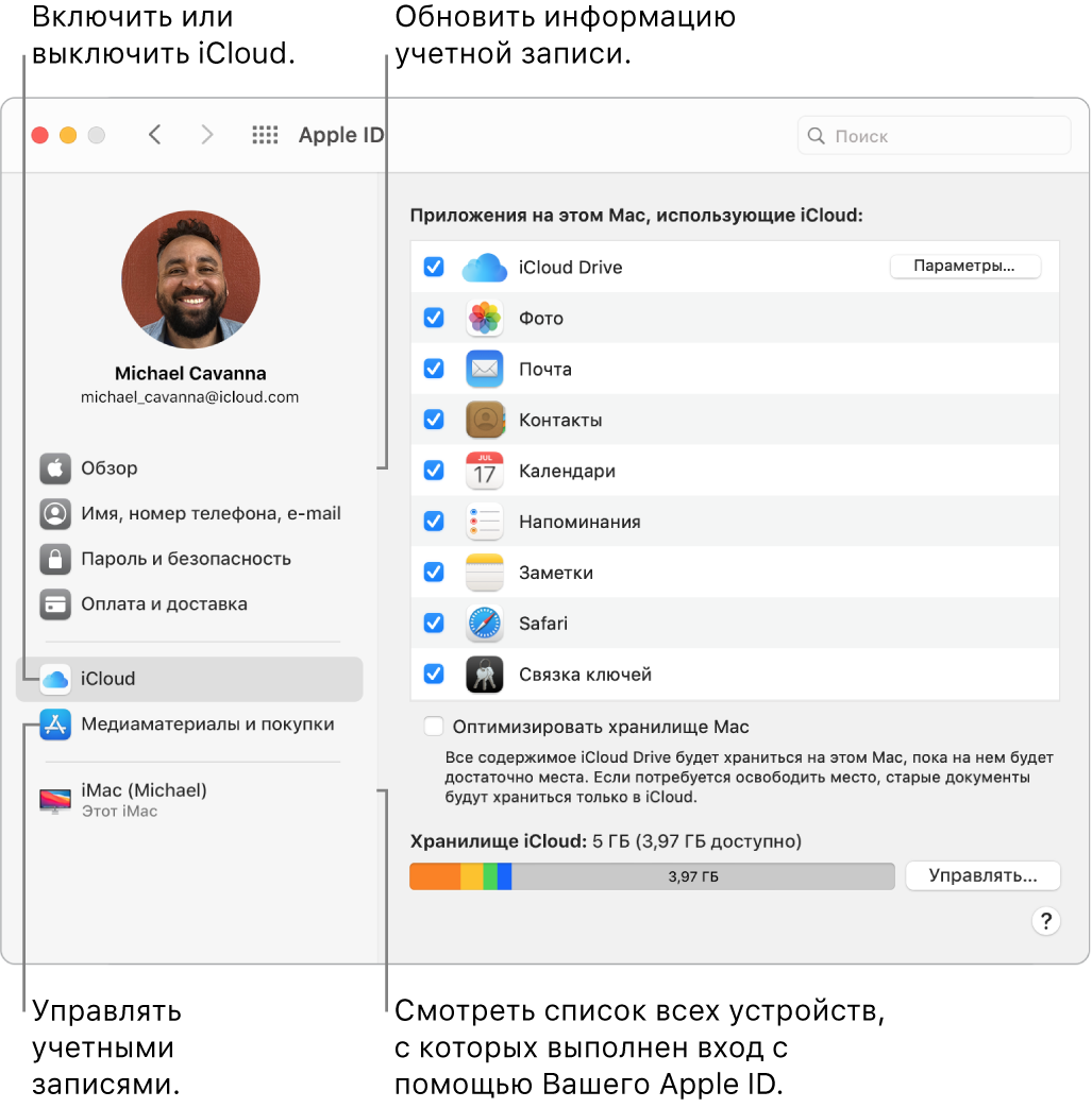 Панель Apple ID в Системных настройках. Нажмите объект в боковом меню, чтобы обновить сведения учетной записи, включить или выключить iCloud, проверить настройки учетных записей для мультимедиа, а также посмотреть, на каких устройствах выполнен вход с тем же Apple ID.