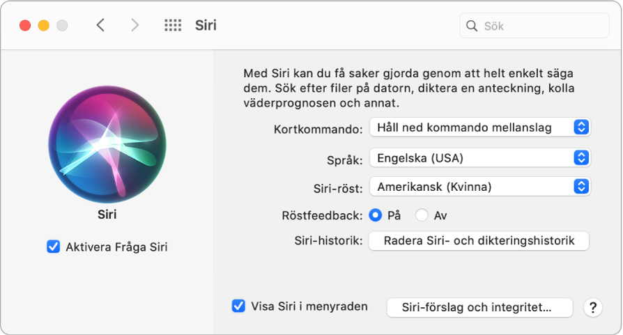 Inställningsfönstret för Siri med Aktivera Prata med Siri markerat till vänster och flera alternativ för anpassning av Siri till höger.