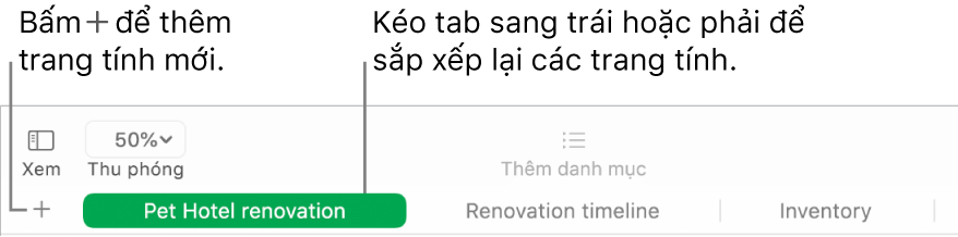 Cửa sổ Numbers đang minh họa cách thêm một trang tính mới và cách sắp xếp lại các trang tính.