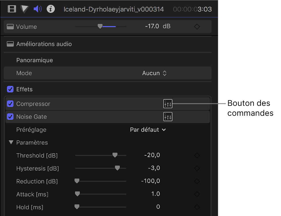 Bouton Commandes de l’effet Compressor dans la section Effets de l’inspecteur audio.