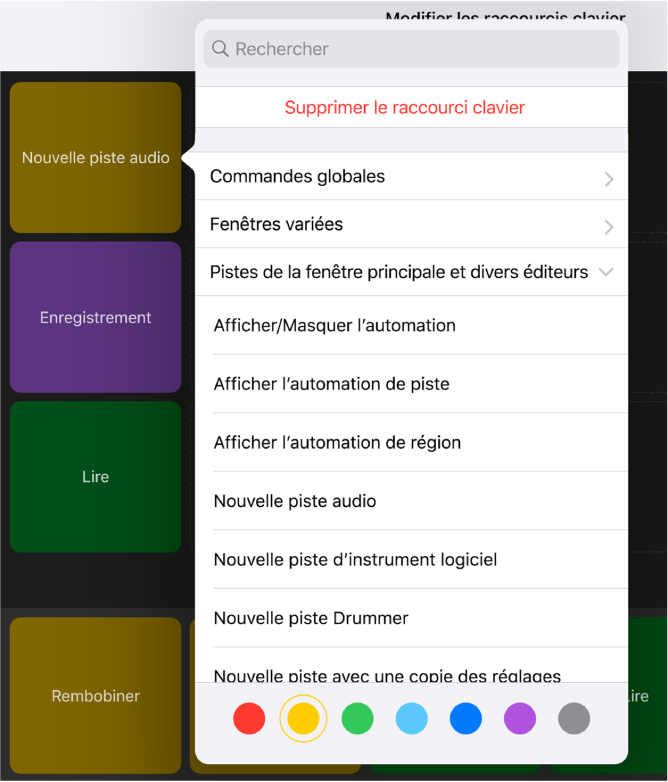 Figure. Menu local Raccourcis clavier.