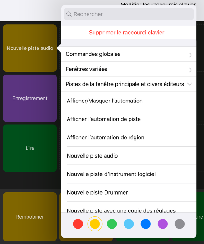 Figure. Menu local Raccourcis clavier.