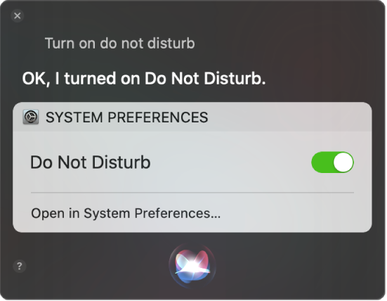 The Siri window showing a request to complete the task, “Turn on do not disturb.”