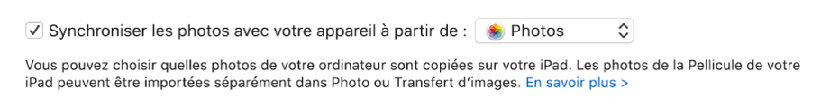 La case « Synchroniser les photos avec votre appareil à partir de : » s’affiche avec l’option Photos sélectionnée dans le menu contextuel.