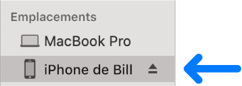 Un appareil sélectionné dans la barre latérale du Finder.
