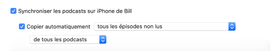 La case « Synchroniser les podcasts sur l’appareil » s’affiche avec la case « Copier automatiquement » cochée, et « tous les podcasts non lus » et « tous les podcasts » sont sélectionnées dans le menu local.