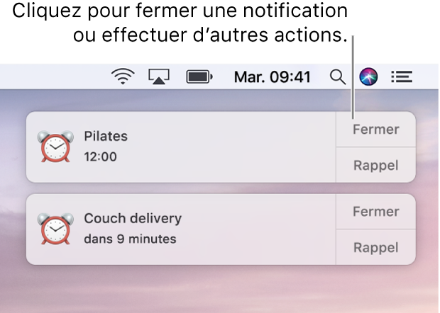 Des notifications de l’app Calendrier dans le coin supérieur droit de l’écran.