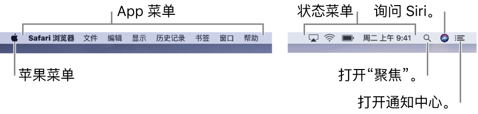 菜单栏。左侧是苹果菜单和 App 菜单。右侧是状态菜单，以及“聚焦”、Siri 和“通知中心”图标。