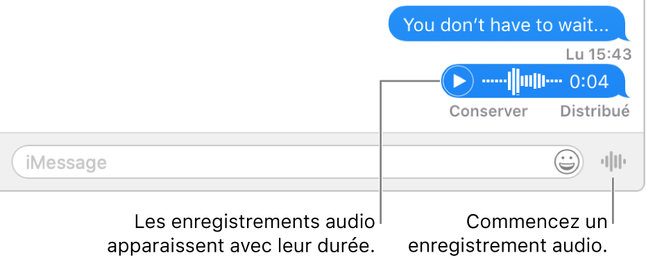 Une conversation dans la fenêtre Messages avec le bouton Envoyer par message vocal à côté de la zone de texte au bas de la fenêtre.