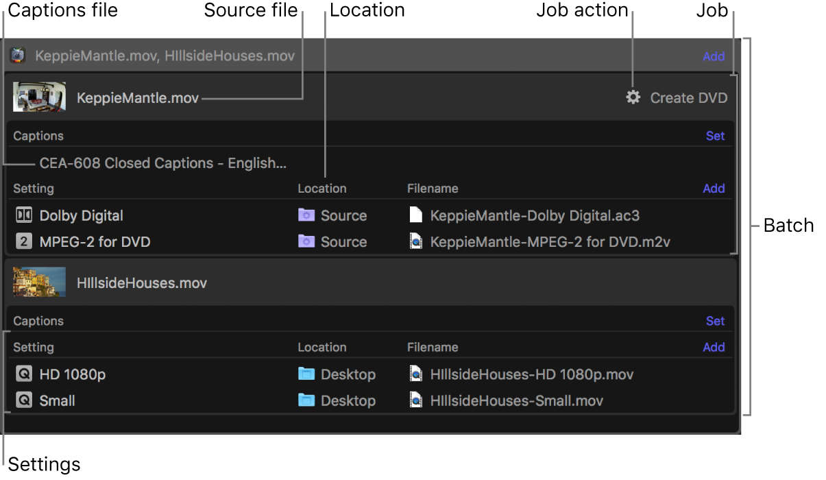 Batch area showing two jobs, each with multiple outputs assigned