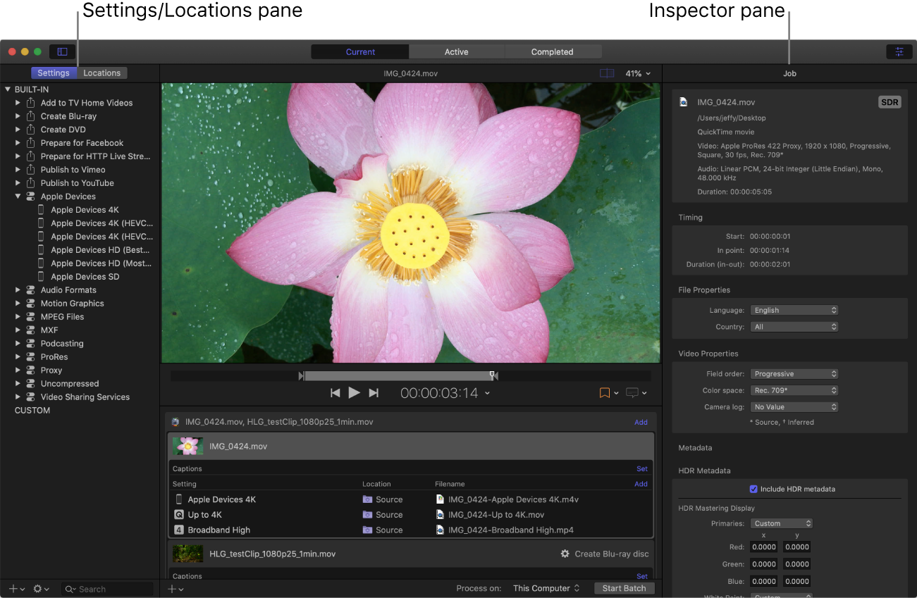 Compressor window with Settings pane and inspector pane showing