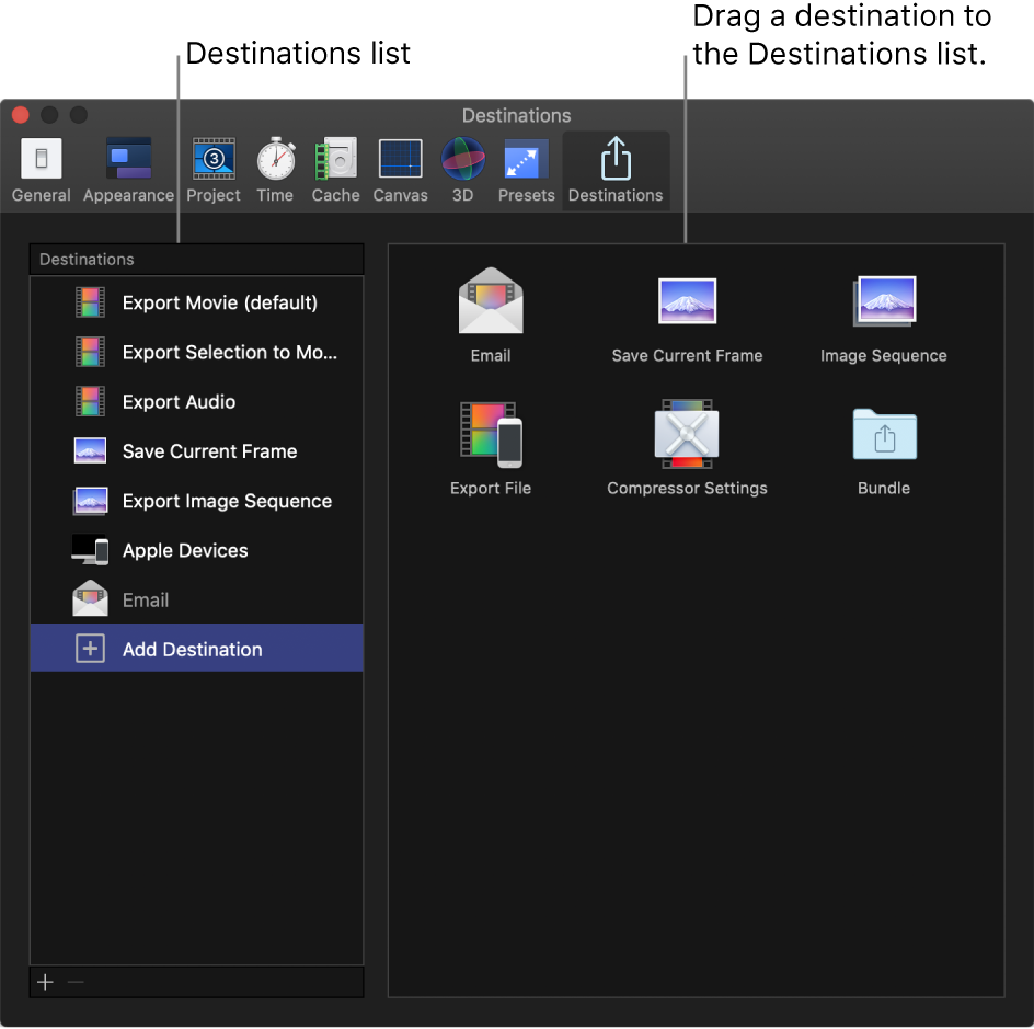 Motion Preferences window showing Destinations pane