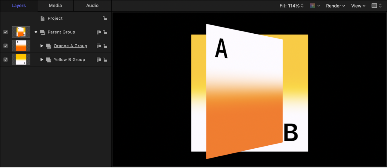 Layers list and canvas showing groups sorted in layer order