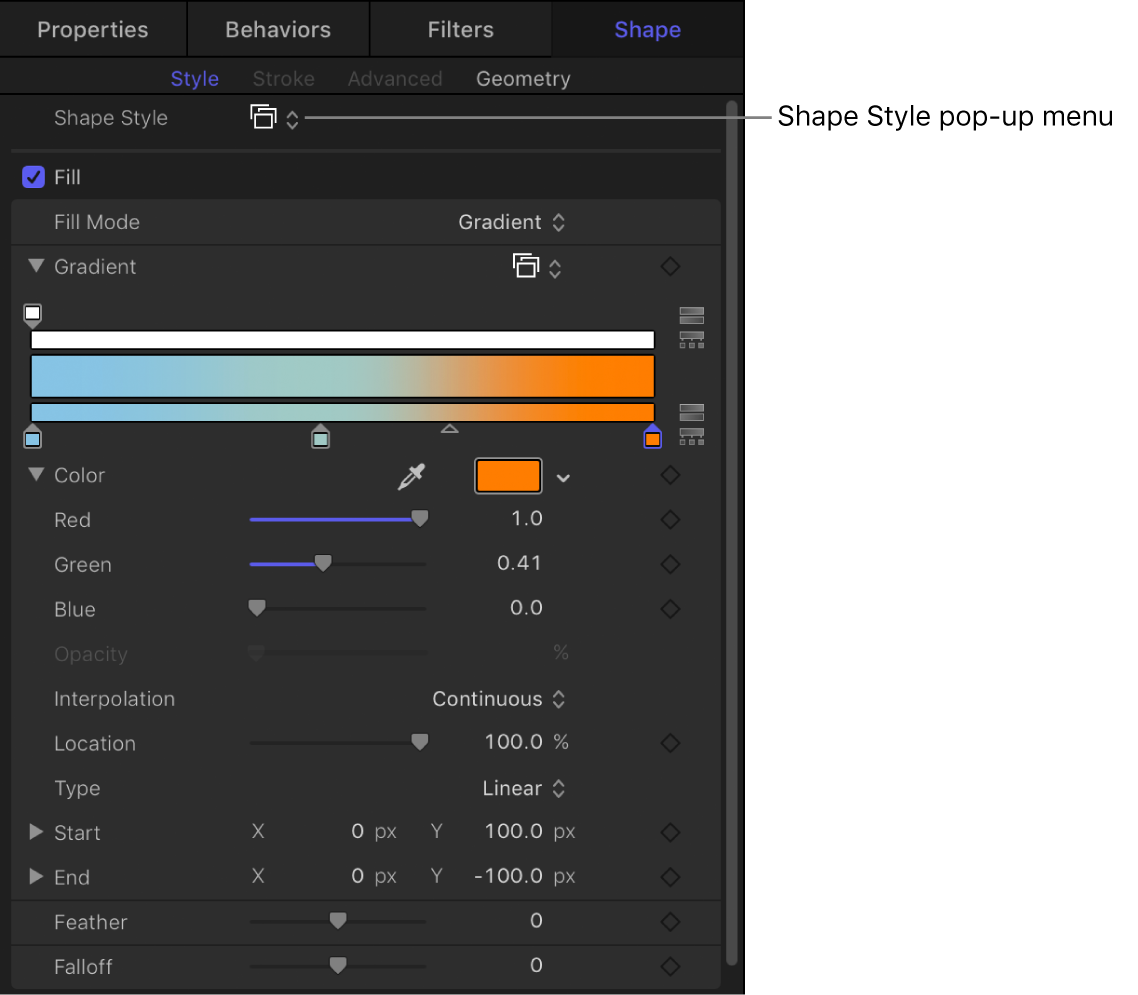 Shape Style pop-up menu in the Style pane of the Shape Inspector