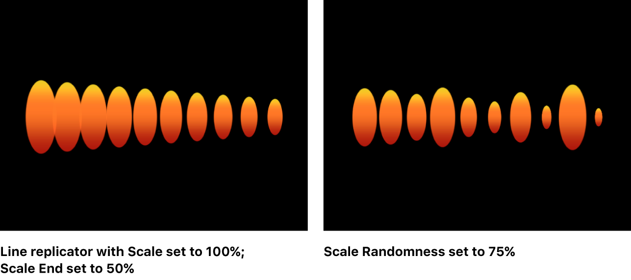 Canvas showing replicator with different Scale and Scale End values, and with Scale Randomness set to 75