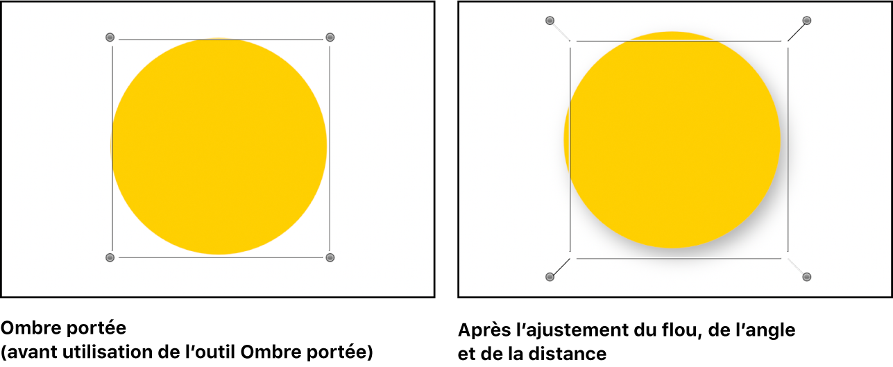 Canevas affichant un objet avant le réglage de son ombre portée, et le même objet pendant la manipulation de celle-ci