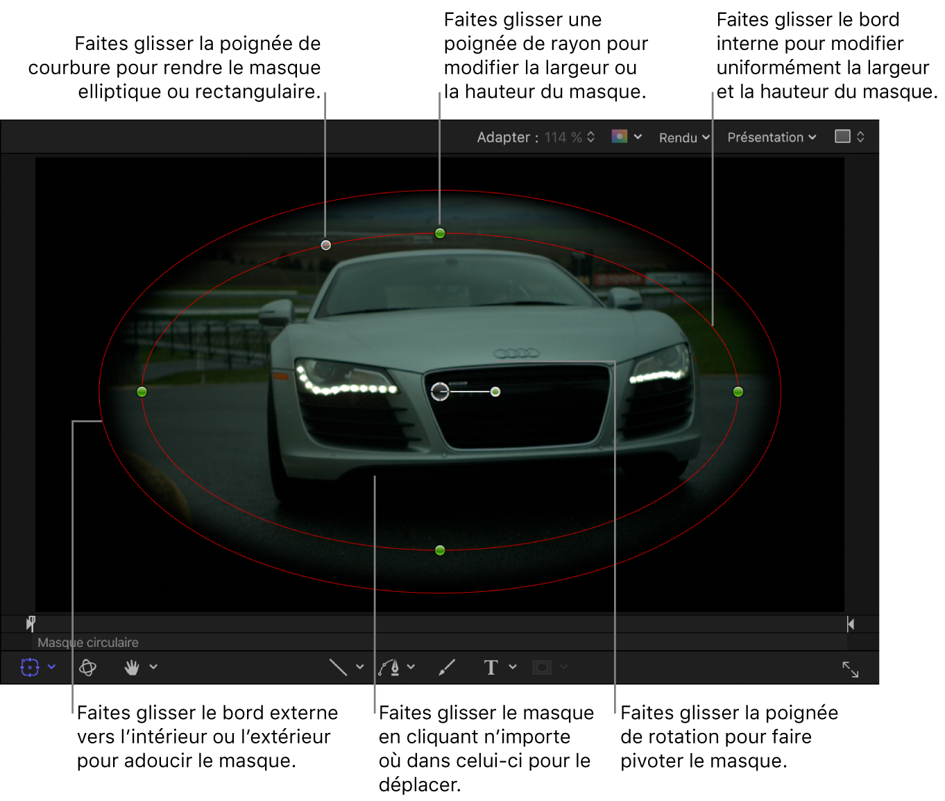 Commandes à l’écran permettant de régler la taille, l’adoucissement des bords, la courbure et la rotation d’un masque simple