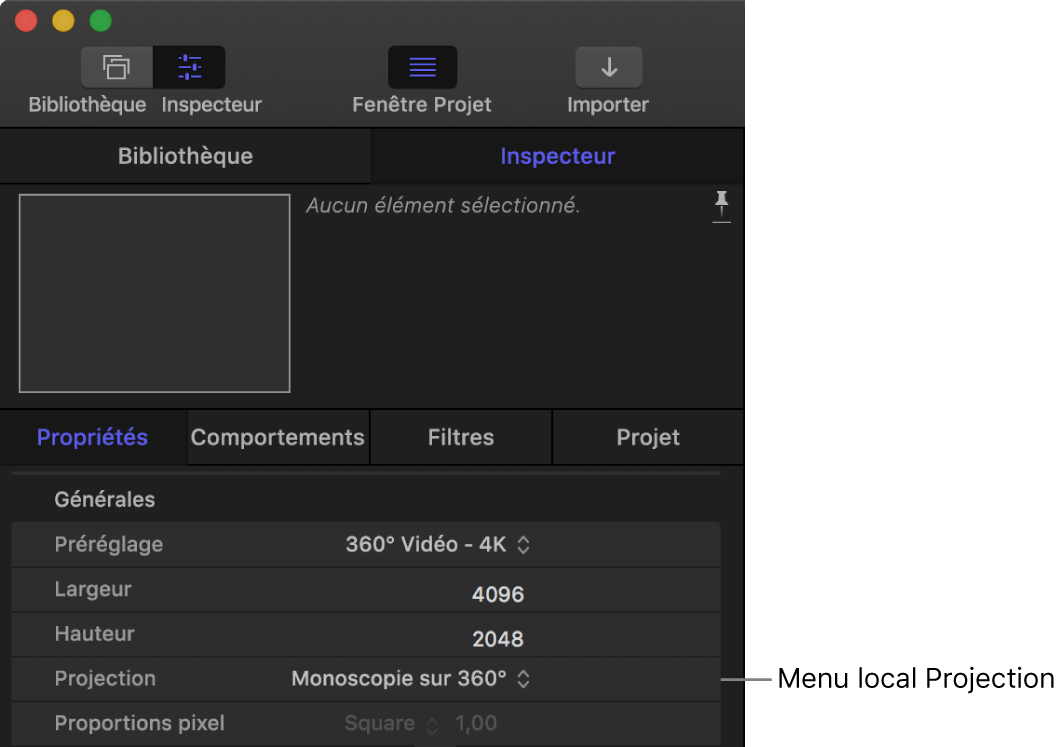 Menu local Projection dans l’inspecteur des propriétés du projet