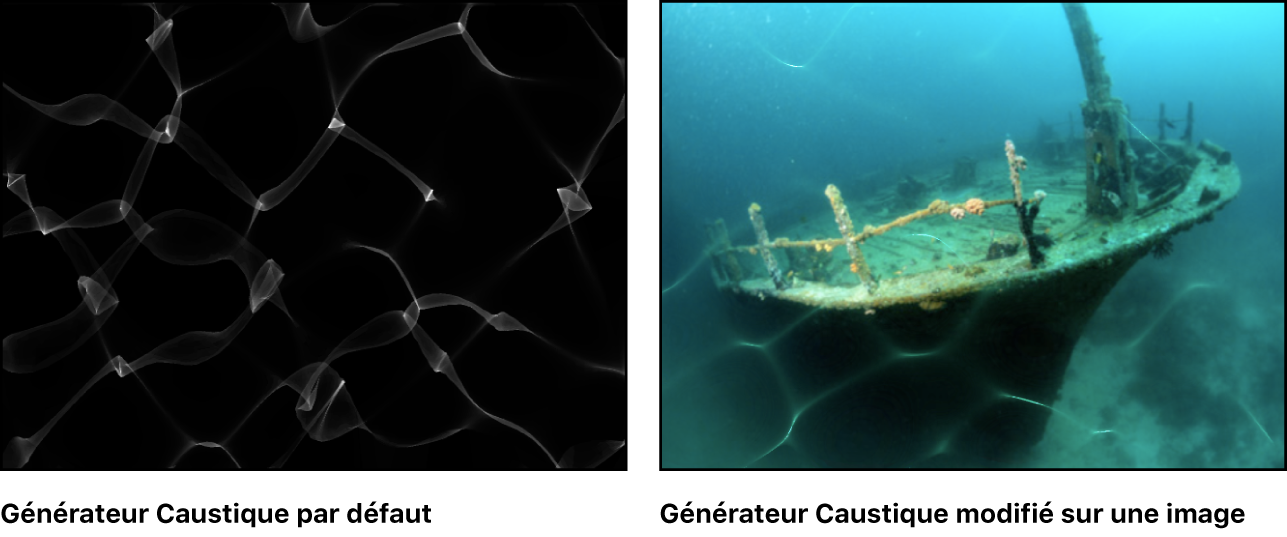 Canevas affichant le générateur Caustique, seul et avec une image d’arrière-plan