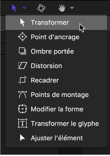 Menu local des outils de transformation dans la barre d’outils du canevas